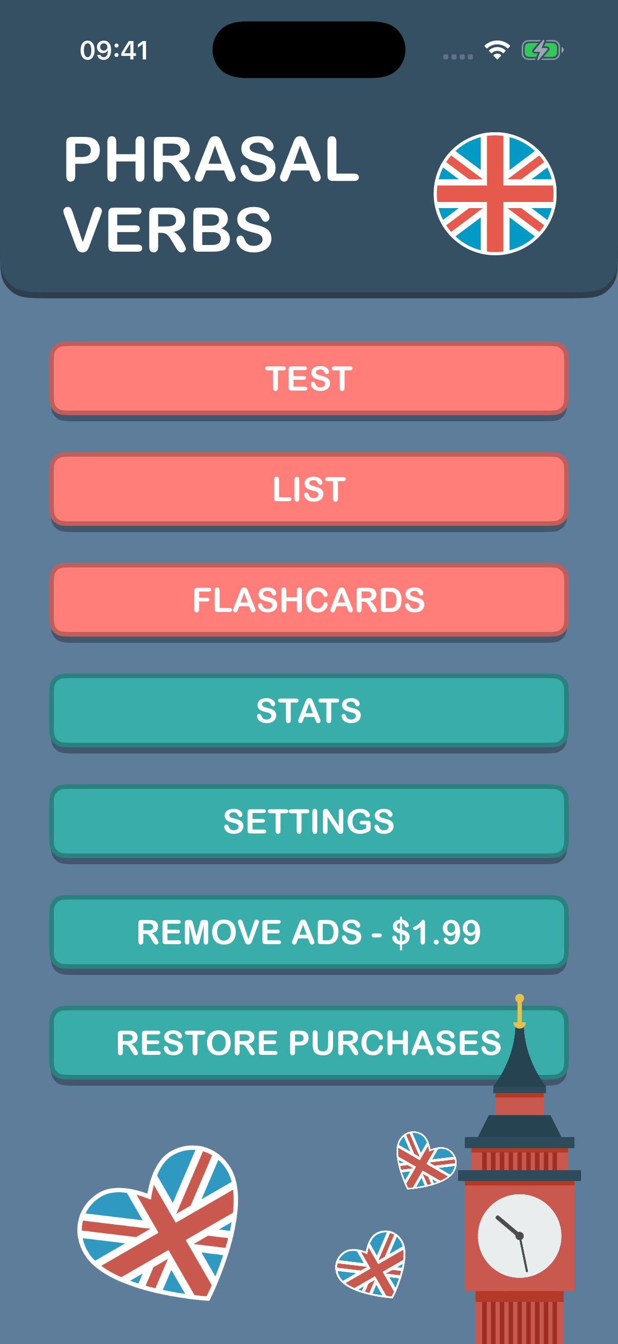 Phrasal Verbs development build home screen with Test, List, Flashcards, Stats and Settings